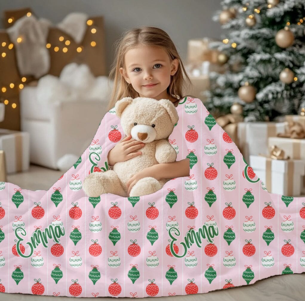 Personalized Pink Christmas Ornament Velveteen Plush Blanket - Soft Floral Throw, Christmas Home Decor, Gift for Her, Customized Holiday