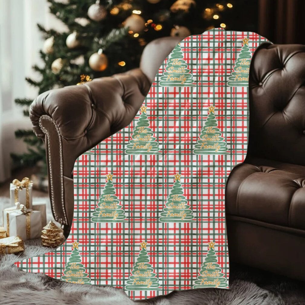 Personalized Plaid and Christmas Tree Doodle Velveteen Plush Blanket - Soft Floral Throw, Christmas Home Decor, Gift for Her, Customized Holiday