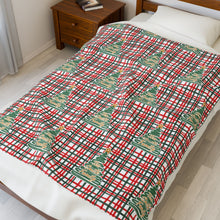Load image into Gallery viewer, Personalized Plaid and Christmas Tree Doodle Velveteen Plush Blanket - Soft Floral Throw, Christmas Home Decor, Gift for Her, Customized Holiday
