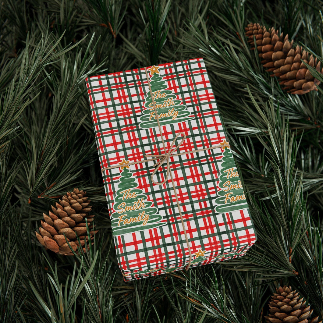Personalized Plaid Christmas Tree Doodle Wrapping Paper- Christmas Gift Wrap, Custom Name Holiday Gift Wrap, Seasonal Wrapping Supplies