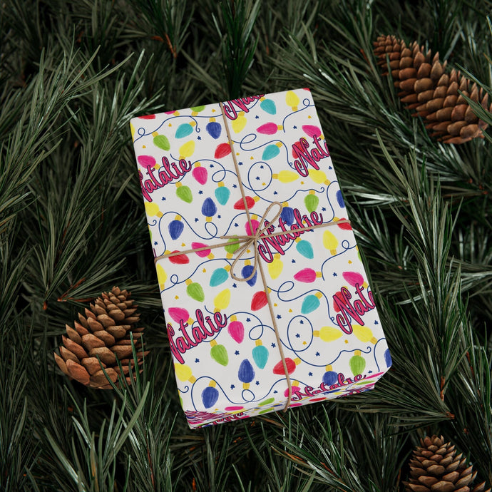 Personalized Preppy Christmas Lights Wrapping Paper- Christmas Gift Wrap, Custom Name Holiday Gift Wrap, Seasonal Wrapping Supplies