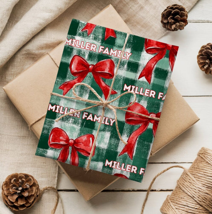 Personalized Preppy Christmas Plaid and Bow Wrapping Paper- Christmas Gift Wrap, Custom Name Holiday Gift Wrap, Seasonal Wrapping Supplies