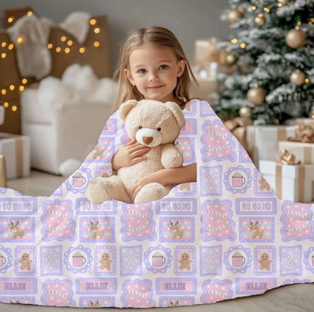 Personalized Purple and Pink Christmas Cozy Gingerbread Velveteen Plush Blanket - Soft Floral Throw, Christmas Home Decor, Gift for Her, Customized Holiday