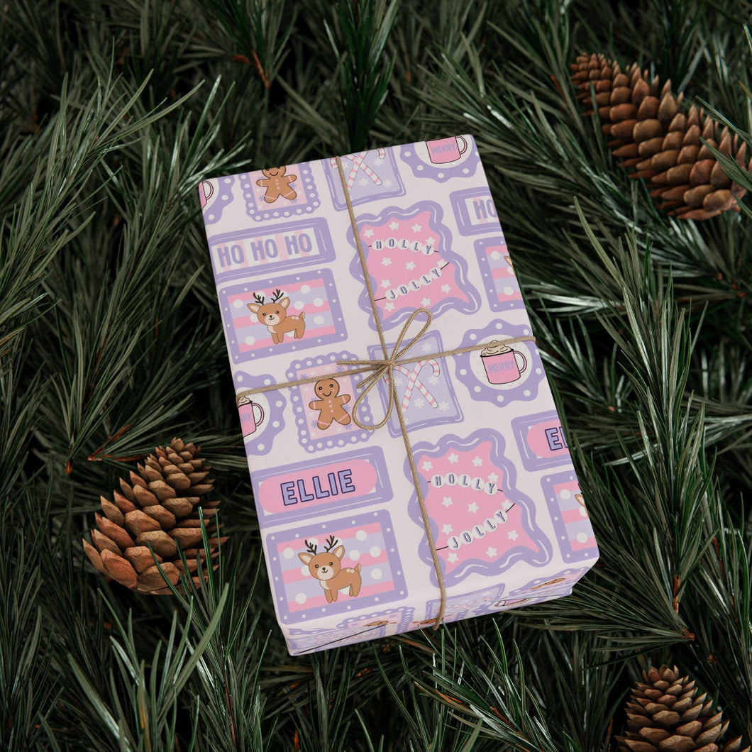 Personalized Purple and Pink Christmas Reindeer and Gingerbread Wrapping Paper- Christmas Gift Wrap, Custom Name Holiday Gift Wrap, Seasonal Wrapping Supplies