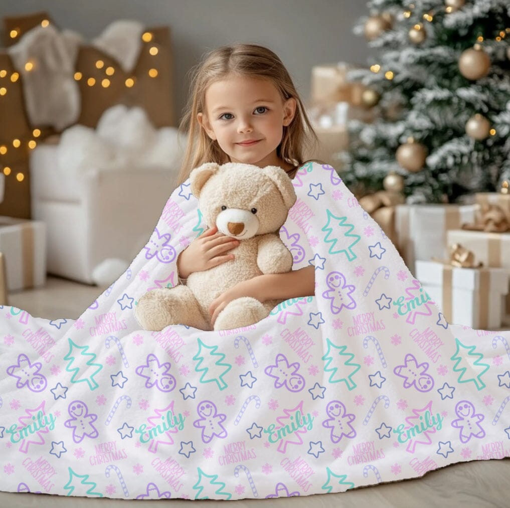 Personalized Purple and Teal Christmas Gingerbread Doodle Velveteen Plush Blanket - Soft Floral Throw, Christmas Home Decor, Gift for Her, Customized Holiday