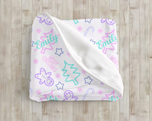 Load image into Gallery viewer, Personalized Purple and Teal Christmas Gingerbread Doodle Velveteen Plush Blanket - Soft Floral Throw, Christmas Home Decor, Gift for Her, Customized Holiday
