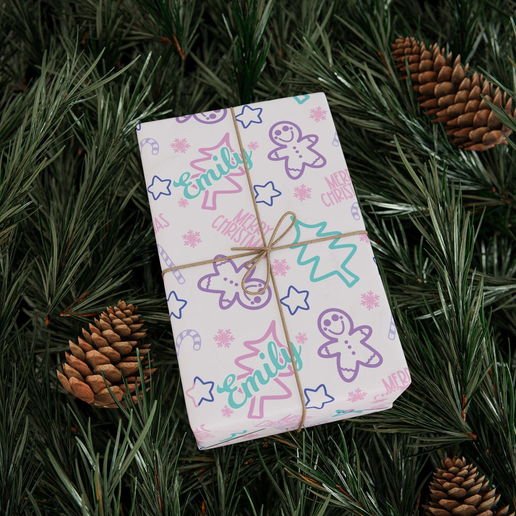 Personalized Purple and Teal Christmas Gingerbread Doodle Wrapping Paper- Christmas Gift Wrap, Custom Name Holiday Gift Wrap, Seasonal Wrapping Supplies