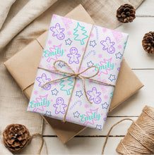 Load image into Gallery viewer, Personalized Purple and Teal Christmas Gingerbread Doodle Wrapping Paper- Christmas Gift Wrap, Custom Name Holiday Gift Wrap, Seasonal Wrapping Supplies
