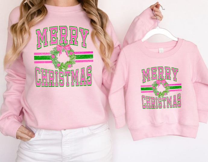 PO SHIPS 11/13 Distressed Pink and Lime Merry Christmas Clear Film DTF Transfer | Adult and Youth (325 HOT Peel)