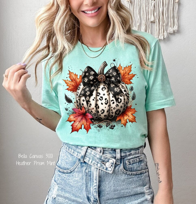 PO SHIPS 9/4 Clear Film DTF Transfer | Black Bow Leopard Boho Pumpkin (325 HOT Peel)