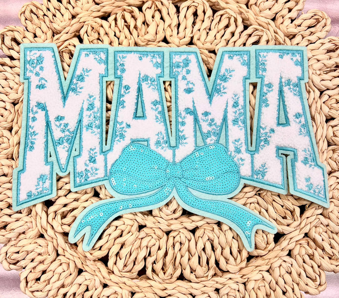 RTS 11” Teal Coquette Mama Bow Chenille Iron On Patch