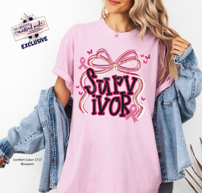 RTS Clear Film DTF Transfer | Survivor Preppy Bow Breast Cancer Awareness (325 HOT Peel)