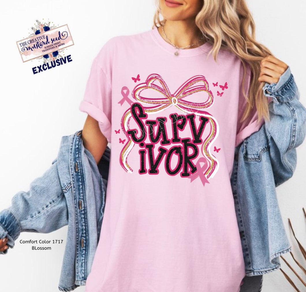 RTS Clear Film DTF Transfer | Survivor Preppy Bow Breast Cancer Awareness (325 HOT Peel)