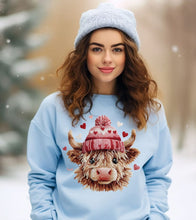 Load image into Gallery viewer, RTS Crochet Valentine Highland Cow DTF Transfer | Adult Youth (325 HOT Peel)
