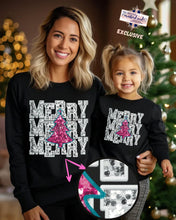 Load image into Gallery viewer, Silver and Pink Merry Repeat Christmas Tree Faux Sequin Embroidery DTF Transfer (300 HOT PEEL) | Ships 3-7 Business Days
