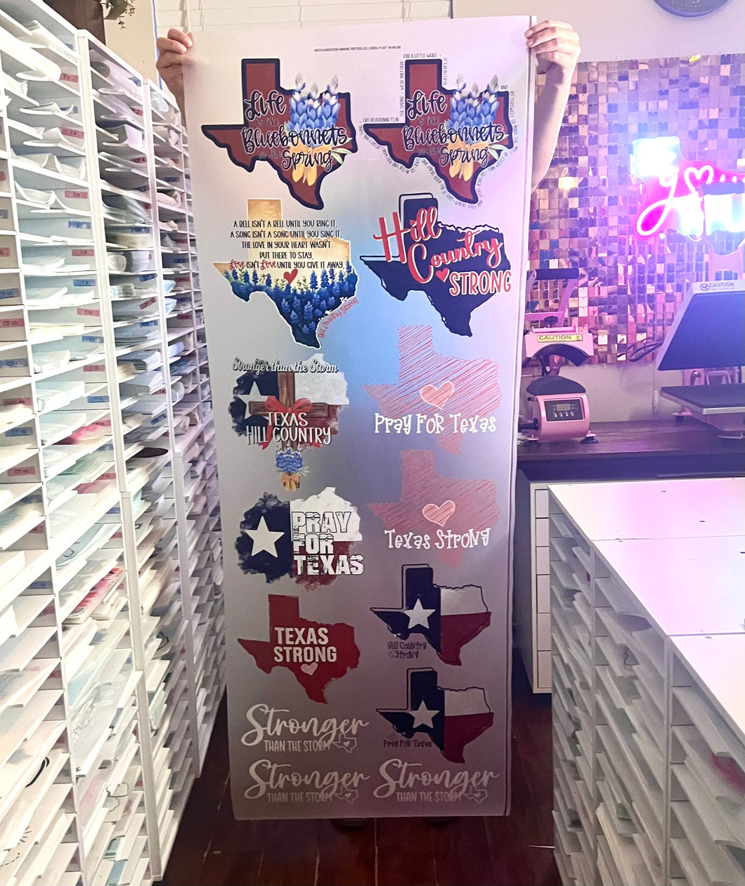 Texas Flood Relief DTF Transfer 22x60” Gang Sheet (14 designs, 325 HOT PEEL)