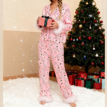 Load image into Gallery viewer, Women's Christmas Pajama Set Santa Claus/Christmas Tree/Bow Print Lapel Long Sleeve Shirt Tops and Pants Sleepwear
