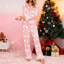 Load image into Gallery viewer, Women's Christmas Pajama Set Santa Claus/Christmas Tree/Bow Print Lapel Long Sleeve Shirt Tops and Pants Sleepwear
