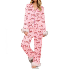 Load image into Gallery viewer, Women's Christmas Pajama Set Santa Claus/Christmas Tree/Bow Print Lapel Long Sleeve Shirt Tops and Pants Sleepwear

