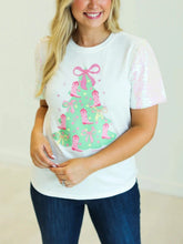 Load image into Gallery viewer, Women’s Christmas Sweater T-Shirt Gingerbread Bow Print Round Neck Sequins Short Sleeve Tops Club Party Clothes Streetwear

