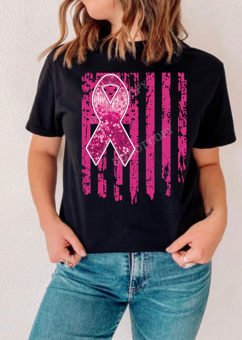 Pink Sequin Breast Cancer Ribbon Flag DTF Transfer (300 HOT PEEL) | Ships 3-7 Business Days