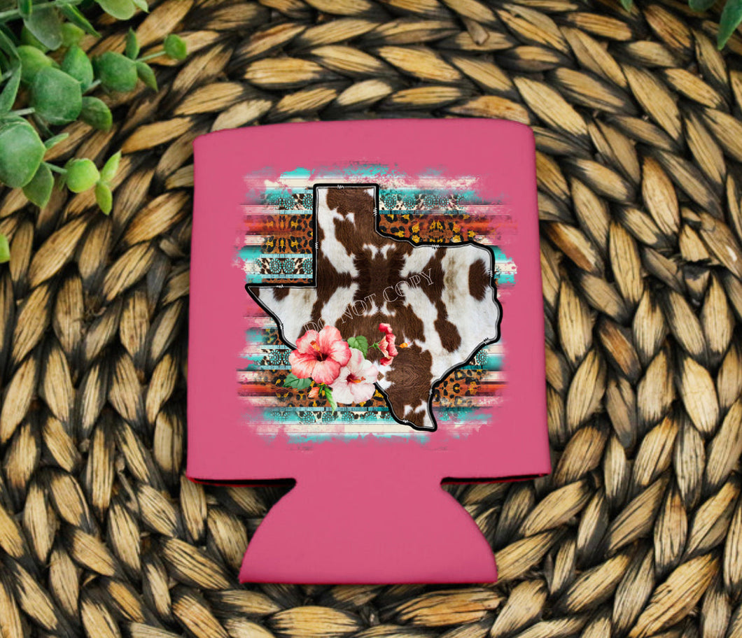 PO SHIPS 4/13 Screen Print Transfer | Texas Cowhide 3” Koozie | Shirt Pocket