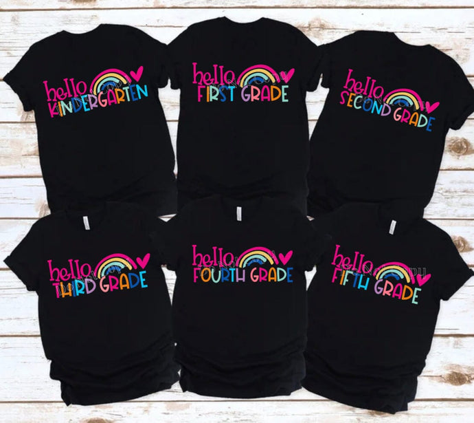 PO SHIPS 7/7 Hello Grade Level Rainbow | Adult and Youth | Clear Film Screen Print Transfer (325 HOT Peel)