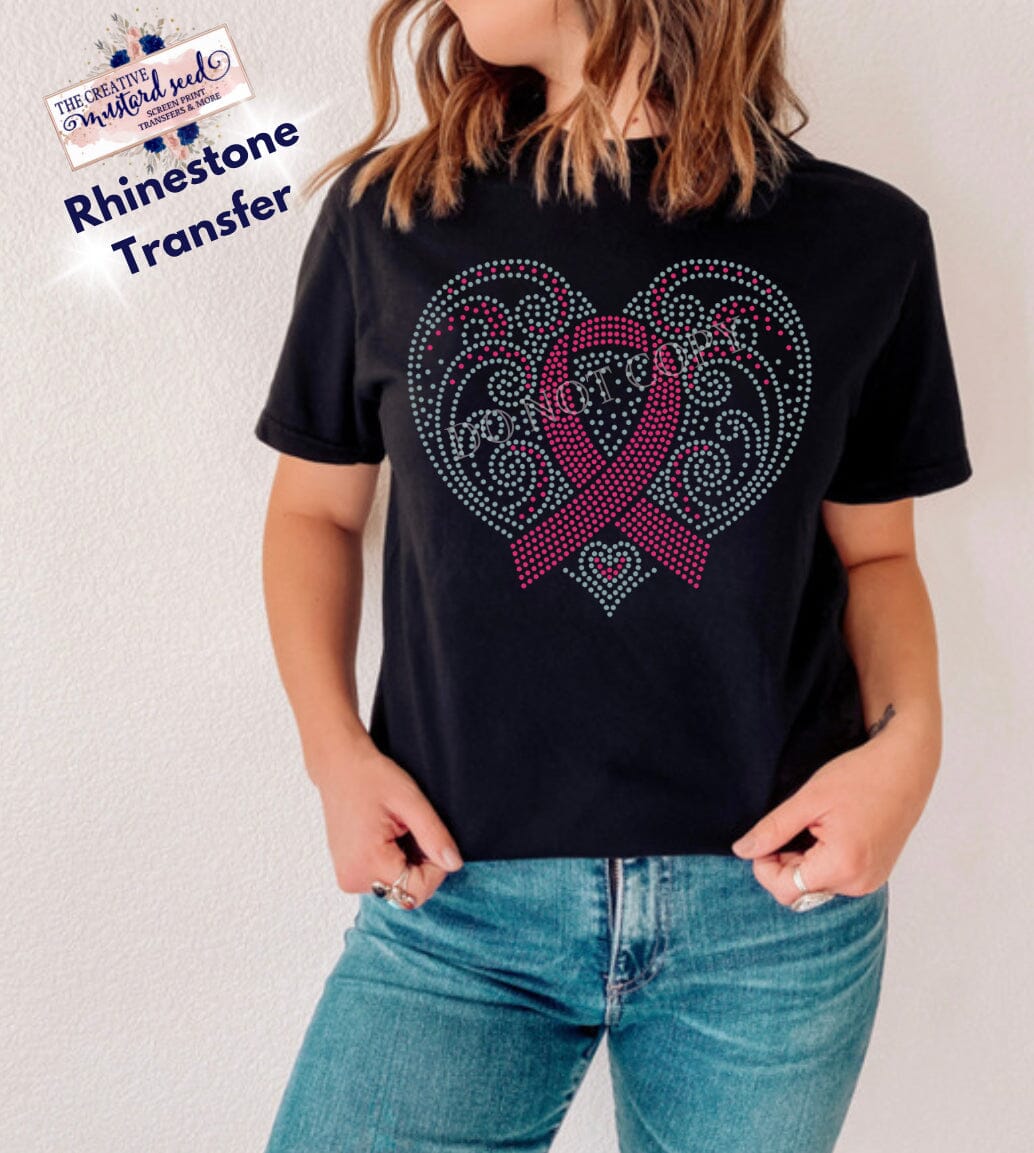 RTS Rhinestone Transfer | Heart Breast Cancer Ribbon (Pink and Clear S ...